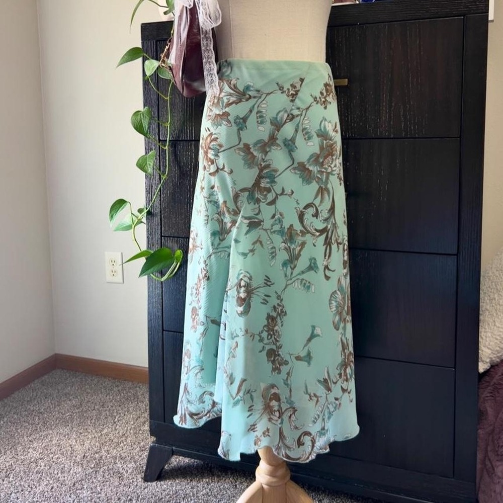 Teal & Brown Floral Midi Skirt Size XL Fairy Whimsical